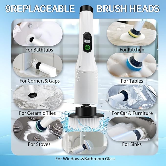 Spin Scrubber9-In-1Multifunctional Cleaning Brush with Detachable Handle9 Replaceable Brush Heads&ampLCD DisplayRechargeable Electric Spin Scrubber for BedroomBathroomKitchenCar