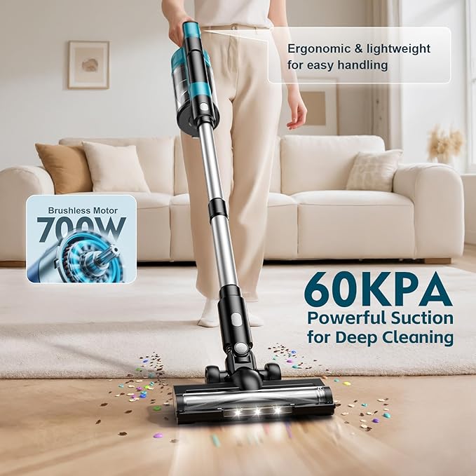 8000mAh Cordless Vacuum Cleaner 700W 60Kpa Brushless Vacuum Cleaners for Home 6 in 1 Cordless Stick Vacuum Clearner Stick Vacuum with Led Display for Hard Floors/Carpet/Pet Hair/Dorm