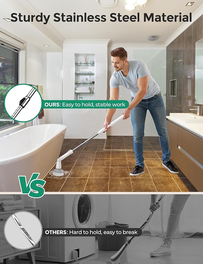 kHelfer Electric Spin Scrubber Cordless Shower Scrubber with Long Handle 8 Replacement Heads 1.5H Bathroom Scrubber Dual Speed Shower Cleaning Brush with Extension Arm for Bathtub Tile Floor