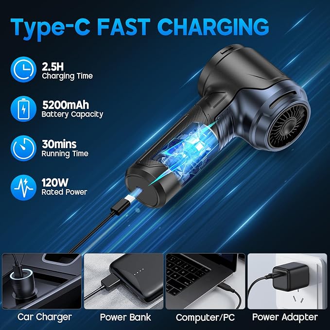 JONYJ Handheld Car Vacuum Cleaner 16000PA Hand Held Vacuum Portable Cordless 2 in 1 Air Duster and Vacuum Cleaner with LED Light Multi-Nozzles 120W High Power Mini Vacuum for Home Pet Office