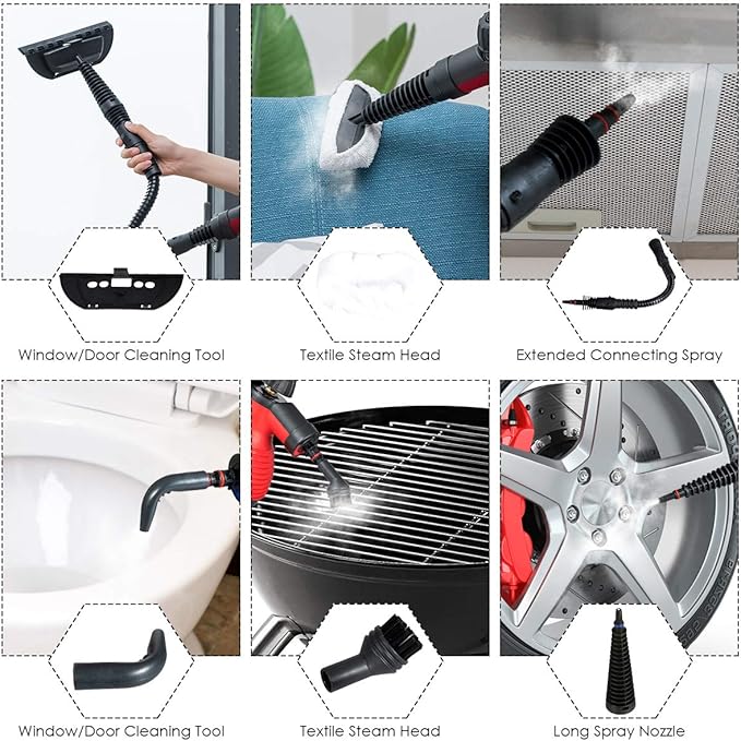 Goplus Handheld Pressurized Steam Cleaner with 9 Piece Accessories Multipurpose Steamer w/Safety Lock for Carpet Curtain Car Seat 1050W Portable Upholstery Steamer for Home Kitchen Bathroom(Red)