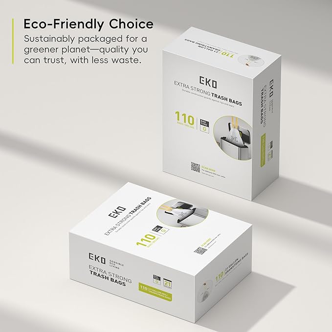 EKO 21 Gallon / 50-90 Liter110 CountDrawstring Trash Bags Extra-Strong Unscented Garbage Bags Easy-Dispense Roll for Kitchen &amp Household Use Resists Tears Leaks and Punctures Code G White