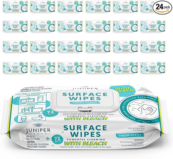 24 Pack Surface Cleaning Wipes with Bleach All-Purpose Cleaner for Bathroom Kitchen Office 1728 Count Soft Flow Fresh Scent Lint Free &amp Durable