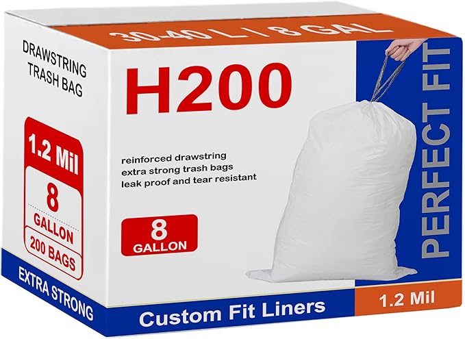 Code H 200 Count 8 Gallon Heavy Duty 1.2 Mil THICK with Reinforced Drawstring Plastic Trash Bags Compatible with simpIehuman Code H White Garbage Can Liners 5-8 Gallon GRAND SAVE!