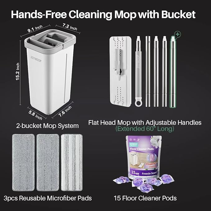 JOYMOOP Mop and Bucket Set with Floor Cleaner PodsFlat Mop and Bucket System with 3 Reusable Microfiber Mop PadsFreesia Scent Mop Soap Pack of 15 for Floor Cleaning