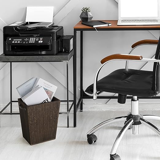 Trash Can Wastebasket Wood Garbage Container Bin with Built-in Double Metal Handles for Office Bedroom and Bathroom Dark Brown