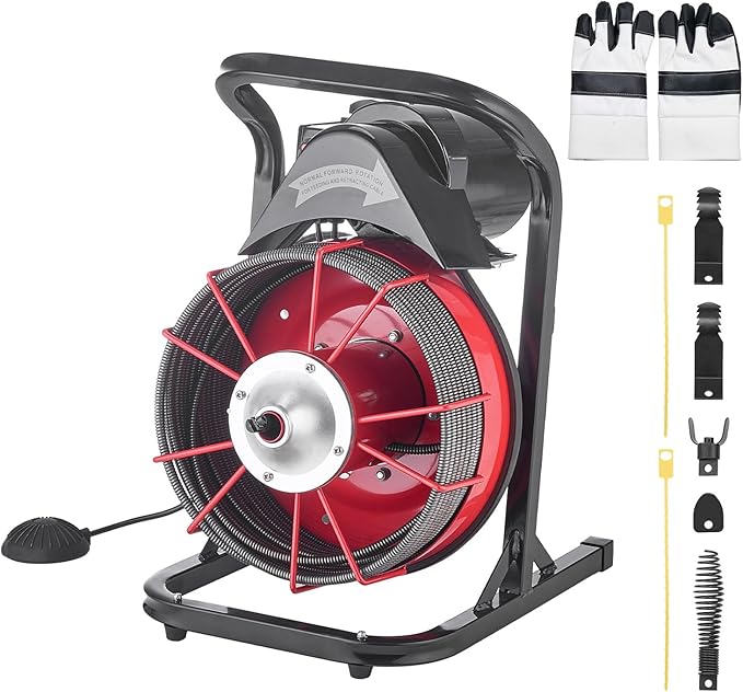 VEVOR Drain Cleaner Machine 75 FT x 3/8 Inch Sewer Snake Auger Manual Feed with 4 Cutters &amp Air-activated Foot Switch for 2 to 4 Pipes
