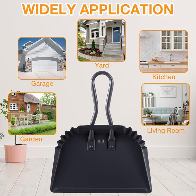 Mumufy 2 Pcs 12 Inch Heavy Duty Metal Dustpan Stainless Steel Large Wide Dust Pans for Household Handheld Scooper Debris Cleaning Tool for Home Garage Studio Courtyard Indoor Outdoor(Black)