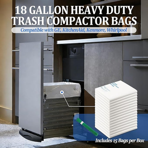18 Gallon Heavy Duty Trash Compactor Bags WX60X1 for Most 15-Inch Trash Compactors and Garbage CansCompatible with GE KitchenAid Kenmore Whirlpoolreplaces WC60X5015(30 pack)