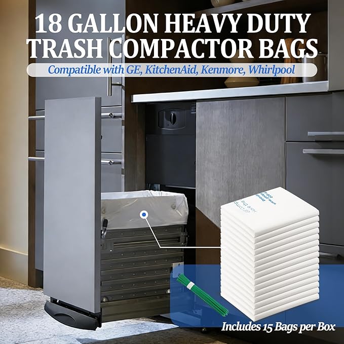 18 Gallon Heavy Duty Trash Compactor Bags WX60X1 for Most 15-Inch Trash Compactors and Garbage CansCompatible with GE KitchenAid Kenmore Whirlpoolreplaces WC60X5015(20 pack)