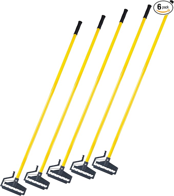 Matthew Easy Trigger Release Mop Handle 60 inch Fiberglass Mop StickCommercial Mop Head Replacement Holder for Floor CleaningClip On Mop Handle Quick Change for Wet Mop Handle - 6Pack Yellow