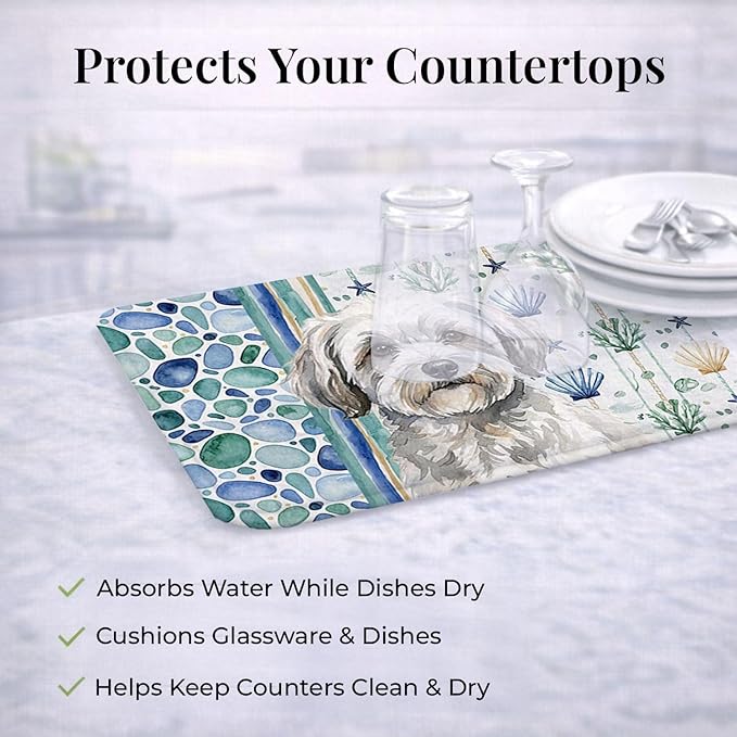 Caroline's Treasures White with Gray Coton de Tulear Coastal Sea Glass Dish Drying Mat Absorbent Dish Drying Mat Pad for Kitchen Counter Dish Drainer Mat for Countertop 14 x 21 Multicolor