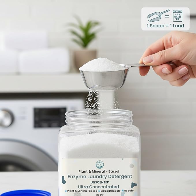 Ultra-Concentrated Enzyme Laundry Detergent - Unscented | Plant &amp Mineral-Based Stain Remover Odor Eliminator | Safe for Sensitive Skin Biodegradable HE Compatible | 32 oz