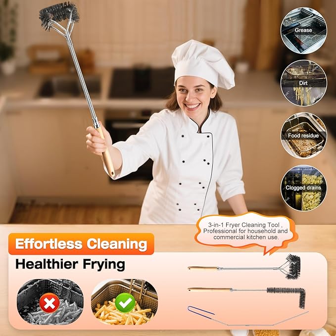 Fryer Cleaning Tools Set of 3 Stainless Steel Deep Fryer Basket Brush Long Handle L-Shaped Crevice Cleaning Brush and Cleanout Rod Kit for Kitchen Restaurant Electric Fryer Degreasing Scrubber Tool