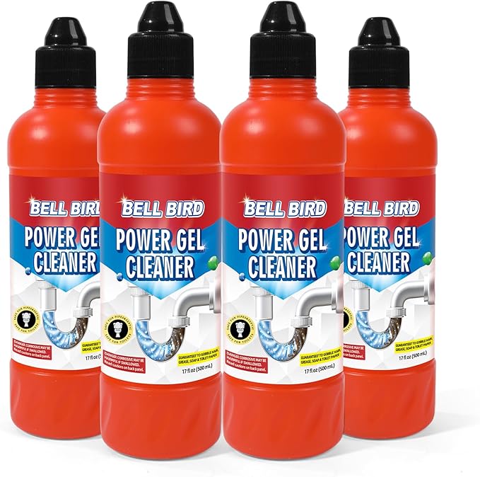 Bell Bird Drain Clog Remover &amp Pipe Cleaner - Thick Power Gel Dissolves Hair Grease and Soap Scum - Septic Safe Odor Eliminator for Kitchen Sinks Tubs Showers &amp Toilets (Pack of 4)