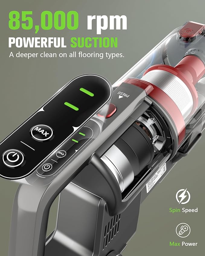 Cordless Vacuum Cleaner 85000PRM Upgraded Dual Suction Cordless Stick Vacuum up to 35mins Runtime Lightweight Rechargeable Vacuum for Home (Bright Red)