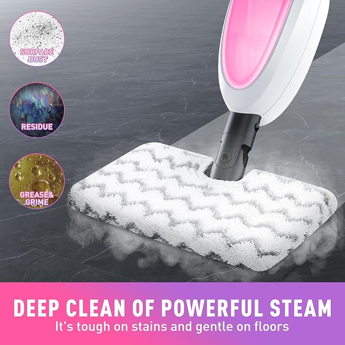 10-in-1 Multipurpose Steam Mop with Detachable Handheld CleanerMulti-Surface Use (Wood Floor/Tile/Window/Clothes/Furniture/Grout) + 2 Pack Dual-Sided Microfiber Mop Pads