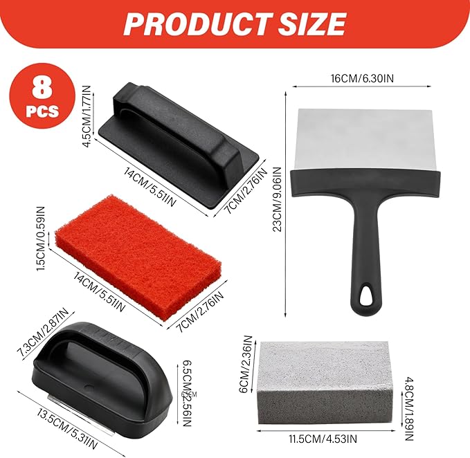 Griddle Cleaning Kit with Handled Scraper Shovel Cleaning Stones and 3 Scouring Pads Effective Grease Stain Removal for Flat Top Grill and Flat Top Grill Cleaner
