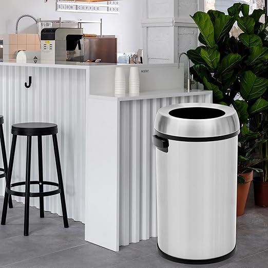 GarveeHome 17 gal/65 L Open Top Trash Can Stainless Steel Rubbish Bin Commercial Grade Waste Container Round Garbage Can for Outdoor Home Office Restaurant Silver