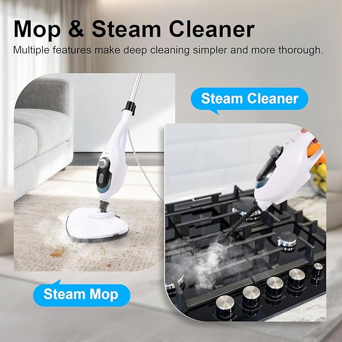 11-in-1 Steam Mop 1550W Powerful Handheld Steam Cleaner 260°F Multi-Functional Floor Steamer with 21.3FT Cord for Floors Hardwood Tiles Grout Windows Kitchen Bath Adjustable (White)