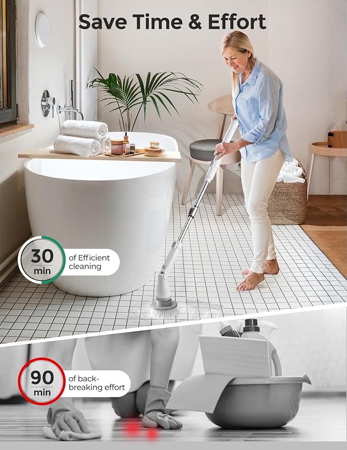 kHelfer Electric Spin Scrubber Kh8 Upgrade Cordless Shower Scrubber 8 Replacement Head 1.5H Bathroom Scrubber Dual Speed Shower Cleaning Brush with Extension Arm for Bathtub Tile Floor