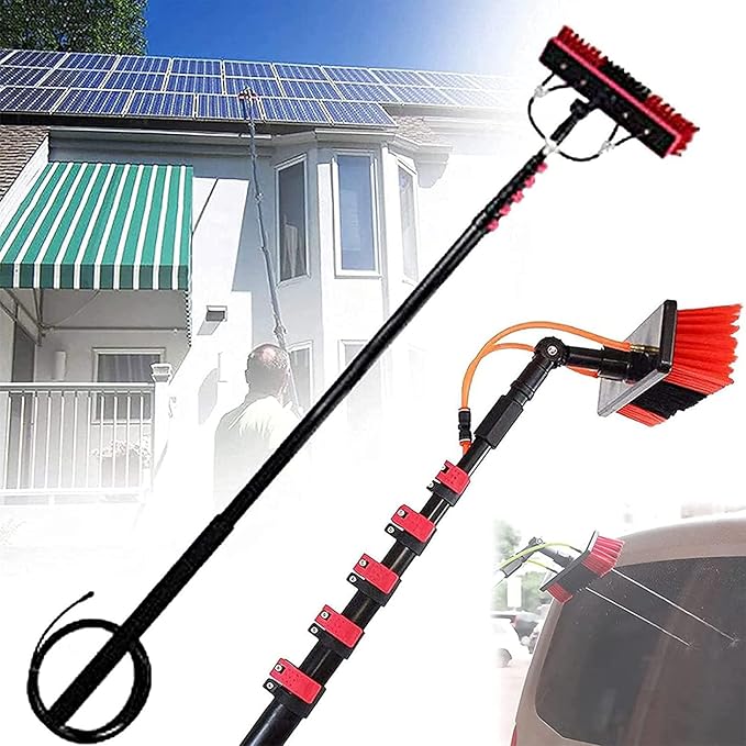 Outdoor Window Cleaning Pole Water Fed Telescopic Brush Water Fed Pole Kit with Hose Spray Solar Panel Cleaning System Outdoor Washing Equipment Tool for Photovoltaic Panel30FT/9M