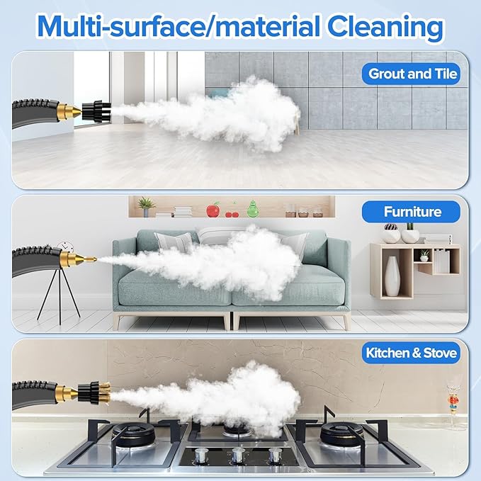 2500W Domestic High Pressure Handheld Steam Cleaner with 3 Brush Heads Portable Grout Steamer for Cleaning Upholstery Kitchens Bathrooms and Hard Surfaces