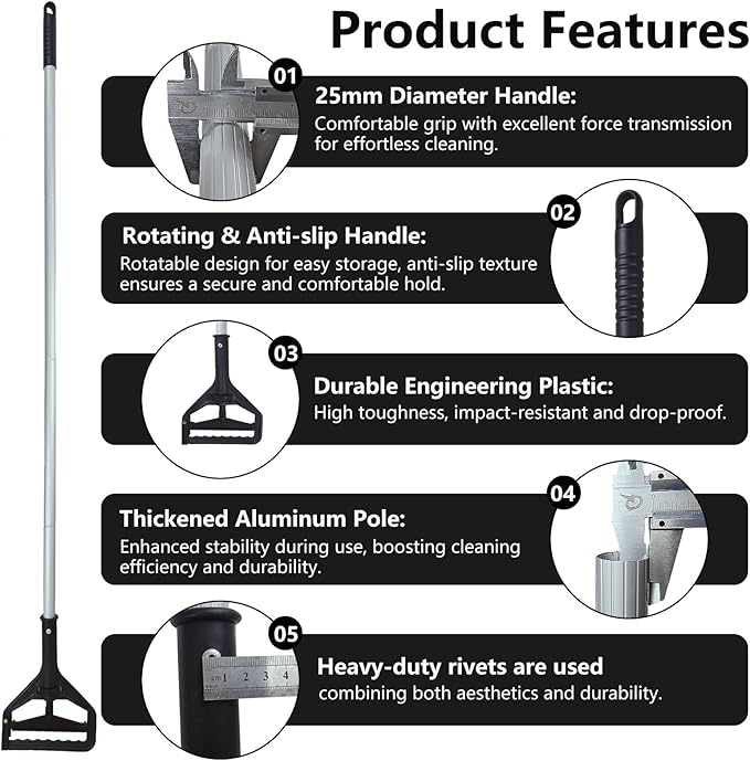 60 Inch Industrial Mop Handle Commercial mop Handle Heavy Duty Industrial mop Bucket mop Handles Heavy Duty Commercial mop Head Replacement and Handles mop Stick Black Replacement Mop Stick