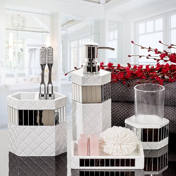 Creative Scents Quilted Mirror White Bathroom Accessories Set - Decorative 4 Piece Bathroom Set - Mirrored Bathroom Accessory Set Includes: Soap Dispenser Toothbrush Holder Tumbler &amp Soap Dish