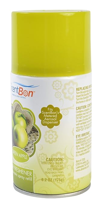 ScentBon Air Freshener Refill Metered Aerosol Can Cinnamon Fresh Linen Green Apple Mango Ocean Vanilla Pack of 12 (12 Green - Green Apple Scent)