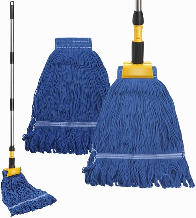 Commercial Mop Heavy Duty Looped End String Wet Mop with 64'' Long Handle Industrial Cotton Dust Mop with Extra Replacement Heads for Home Office Garage Warehouse Floor Cleaning