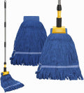 Commercial Mop Heavy Duty Looped End String Wet Mop with 64'' Long Handle Industrial Cotton Dust Mop with Extra Replacement Heads for Home Office Garage Warehouse Floor Cleaning