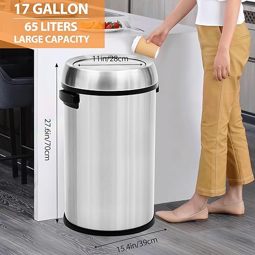GarveeHome 17 gal/65 L Swing Top Trash Can Stainless Steel Rubbish Bin Commercial Grade Waste Container Round Garbage Can for Outdoor Home Office Restaurant Silver