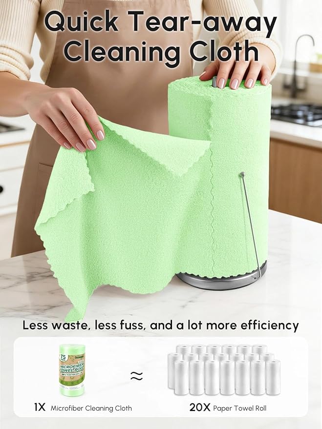Microfiber Cleaning Cloths Roll 75 Pack Tear Away Microfiber Towels Roll 12 x 12 Lint Free Rags Reusable Cleaning Cloths Washable Scratch FreeUltra Absorbent Dish Rags(Green)