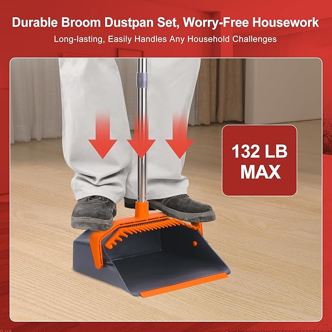 Broom and Dustpan Set with 51'' Long Handle Upright Broom and Dustpan Combo for Home Kitchen Office Restaurant Garage Lobby Dog Cat Pets Hair - Grey and Orange