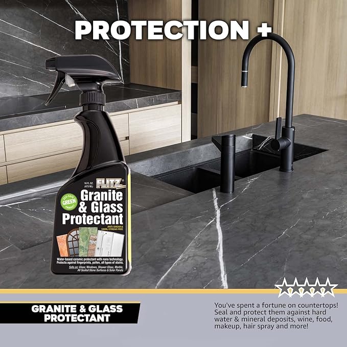 Flitz Granite &amp Glass Protectant - 16oz Bottle of USA-Made Granite Sealer and Glass Countertop Protector - Cleans &amp Prevents Liquid Stains &amp Others - Also Works on Marble &amp All Metal