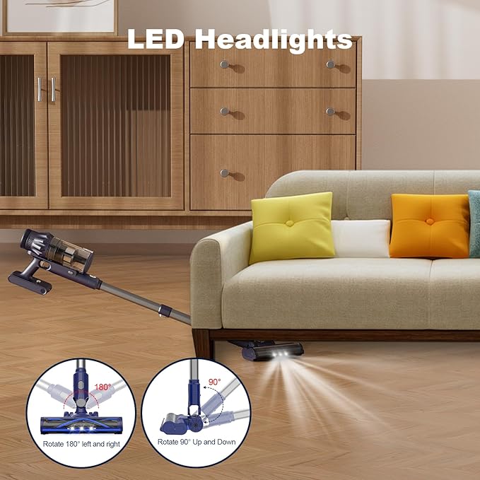KKN Vacuum Cleaner - Lightweight Cordless Vacuum LED Headlights 450W 38Kpa Powerful Suction Stick Vacuum with Touch Screen Detachable Battery for Pet Hair Carpet Hardwood Floor Blue
