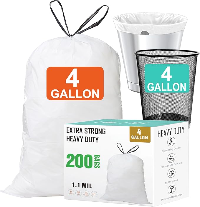 4 Gallon Drawstring Trash Bags (200 Count) 1.1 Mils Heavy Duty Small Garbage Bags Fit 10-15 Liter 2-4 Gal White Trash Bin Liners for Home Office Kitchen Bathroom Bedroom