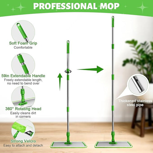 17.7 Microfiber Mop for Floor Cleaning 59in Long Adjustable Stainless Steel Handle 360° Rotating Large Flat Mops 4 Washable Pads for Dry &amp Wet Cleaning for Hardwood Vinyl Laminate Green