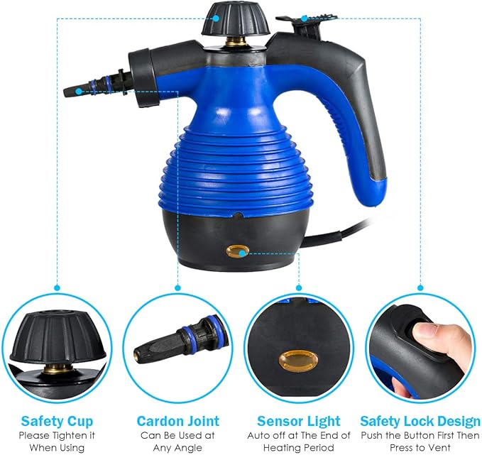 Goplus Handheld Pressurized Steam Cleaner with 9 Piece Accessories Multipurpose Steamer w/Safety Lock for Carpet Curtain Car Seat 1050W Portable Upholstery Steamer for Home Kitchen Bathroom(Blue)
