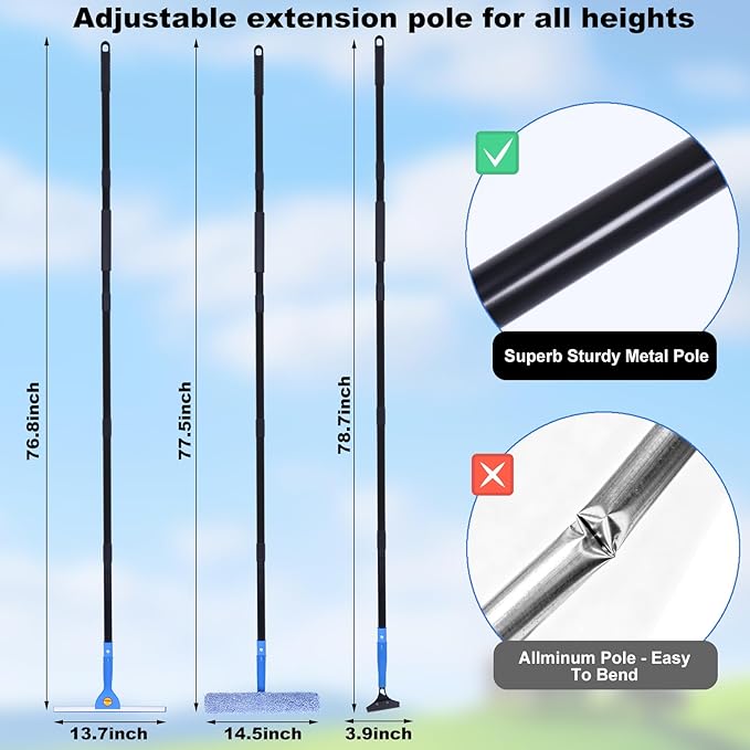 3-in-1 Professional Window Squeegee Kit with 2 Squeegee 2 Microfiber Scrubber 1 Razor Scraper Thick Iron 77.5 Window Squeegee with Extension Pole for Car Glass Mirror Wall Bathroom Home Van