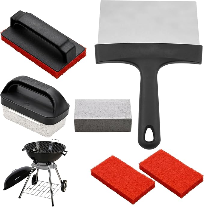 Griddle Cleaning Kit with Handled Scraper Shovel Cleaning Stones and 3 Scouring Pads Effective Grease Stain Removal for Flat Top Grill and Flat Top Grill Cleaner