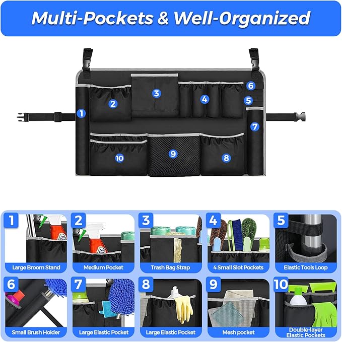 Trash Can Caddy Bag - 1680D Fabric Heavy Duty Cleaning Caddy with Adjustable Buckle Fits for 32-55 Gallon Garbage Bin 10 Pockets Cleaning Tool Storage Organizer for Housekeeping Janitorial