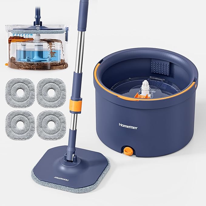 Spin Mop and Bucket Set Mop Bucket with Separate Dirty Water System Deep-Cleaning Mops for Floors/Wall Versatile Mops with 4 Microfiber Mop Pads