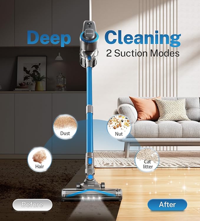 DEVOAC N300 Cordless Vacuum Cleaner 6 in 1 Lightweight Stick Vacuum 2200mAh Battery Up to 40mins Runtime Powerful Handheld Vacuum for Hard Floor Rug Pet Hair Home Dorm (Blue)