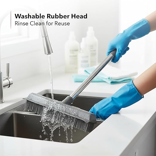 OVENTE Carpet Rake Rubber Broom for Pet Hair Removal with Squeegee Detailing Lint Fur Remover Brush Dustpan and 50” Handle Cleaning Tools Set for Rug Hardwood Floor Tile and Window Grey CT2504GY