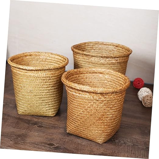 ARTIBETTER 2pcs Seagrass Waste Basket Woven Trash Can Garbage Container Bin Wicker Rattan Laundry Hamper Plant Pot Holder Sundries Storage Basket for Kitchen Bathroom Home Office