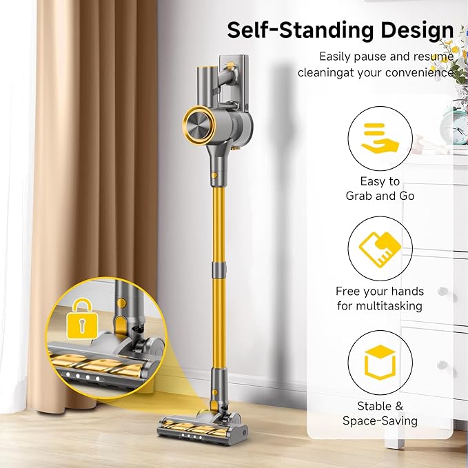 KIKETECH Cordless Vacuum Cleaner with Self-Standing Lightweight Powerful Suction VacuumLED Screen Stick Vacuum Cleaners for Home for Pet Hair Carpets Hardwood Floors (Gold)