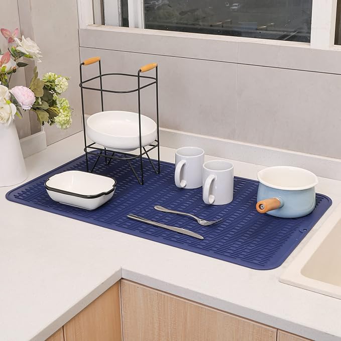 MicoYang Silicone Dish Drying Mat for Multiple UsageEasy cleanEco-friendlyHeat-resistant Silicone Mat for Kitchen Counter or SinkRefrigerator or Drawer Liner Navy Blue 4XL 32 inches x 18 inches