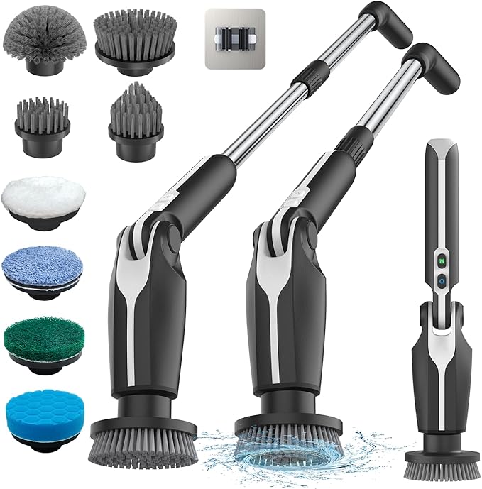Leebein Electric Spin Scrubber Shower Scrubber with 4 Adjustable Angles and 8 Brush Heads Electric Scrubber with Long Handle &amp Remote Controller Cleaning Brush for Bathroom Tub Floor (Black)